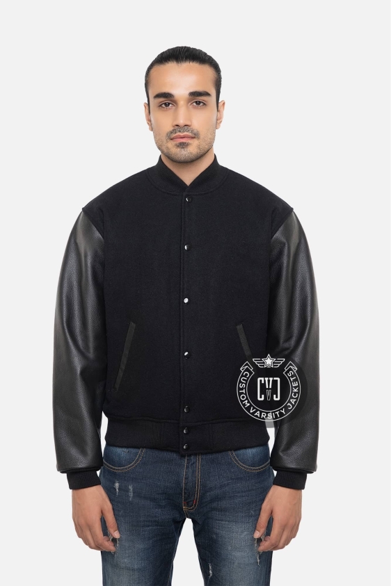 Black Wool &amp; Genuine Leather Varsity Letterman Jacket