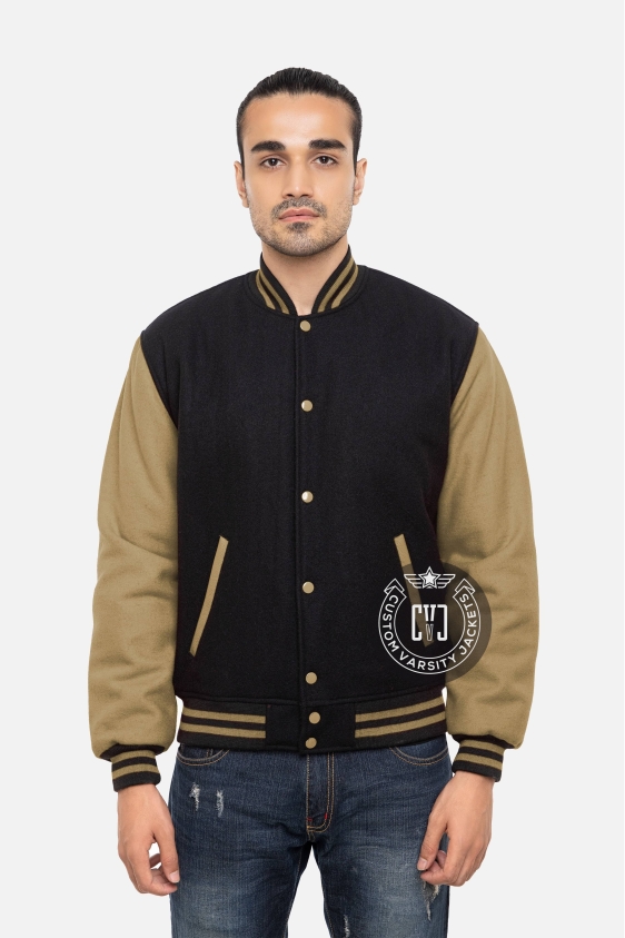 All Wool Camel Brown &amp; Black Varsity Jacket