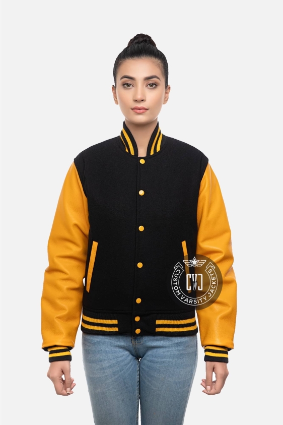 Black Wool Body &amp; Gold Sleeves Letterman Jacket