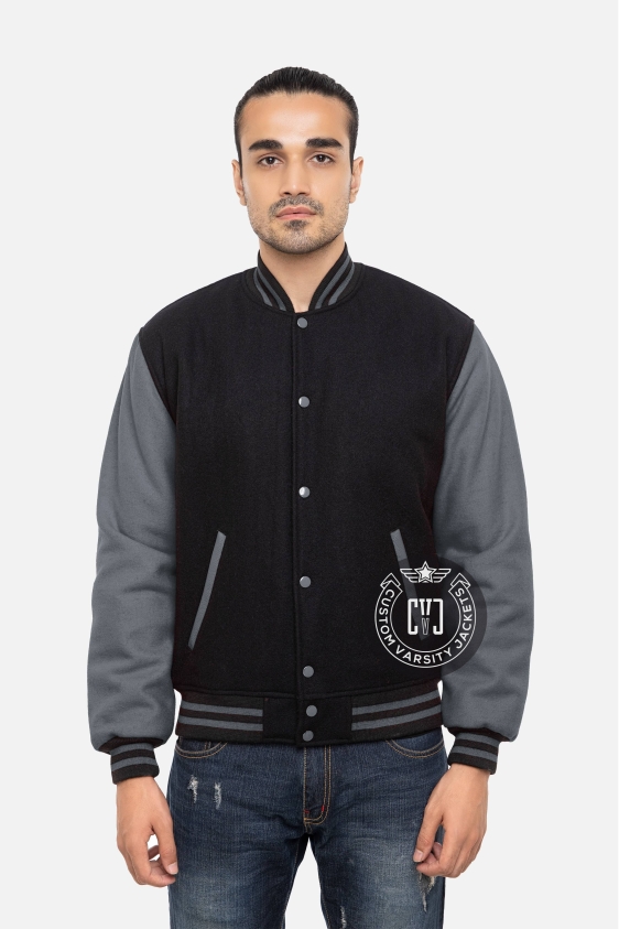 All Wool Varsity Letterman Jacket in Black &amp; Grey