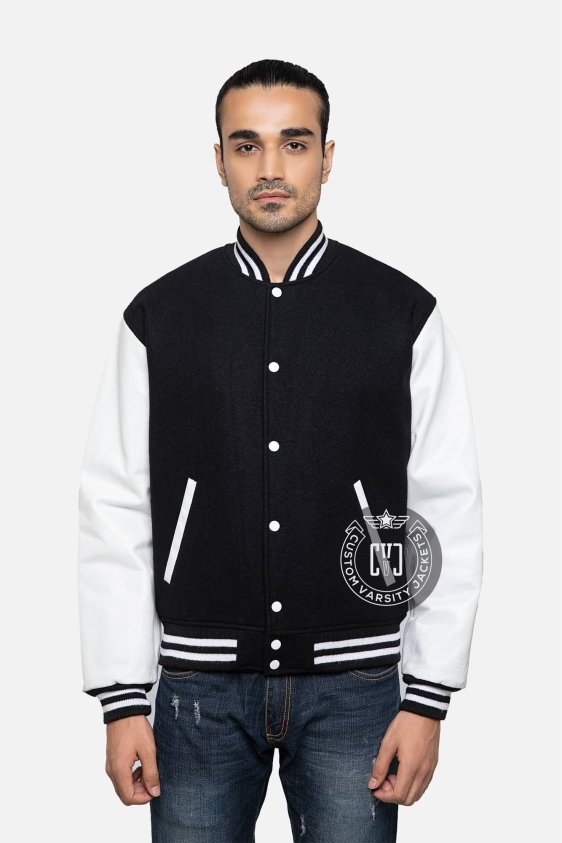 Black Wool &amp; White Genuine Leather Varsity Letterman Jacket