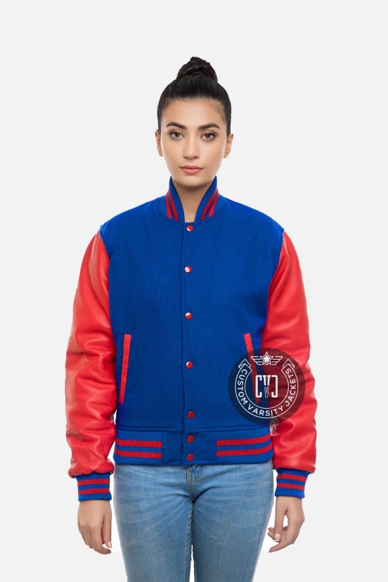 Blue Wool &amp; Red Genuine Leather Varsity Letterman Jacket