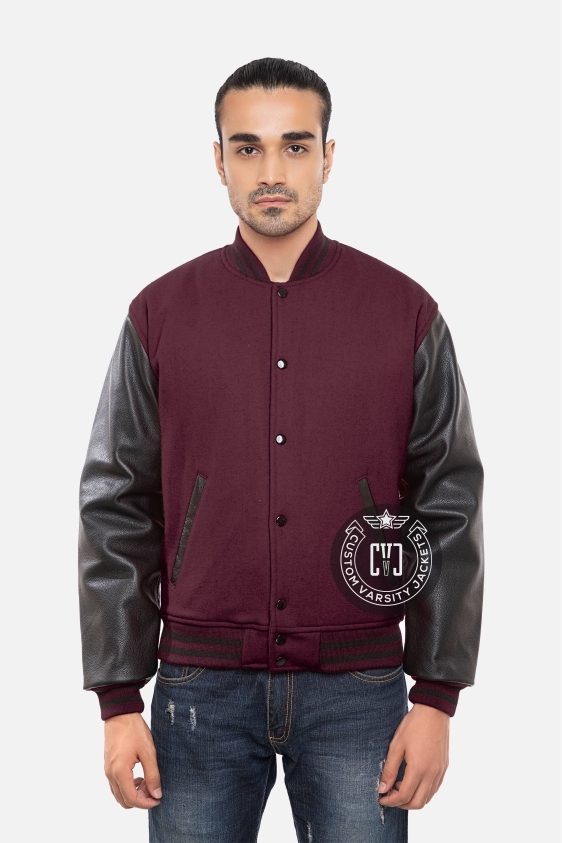 Dark Maroon Wool Body &amp; Black Leather Sleeves Letterman Jacket