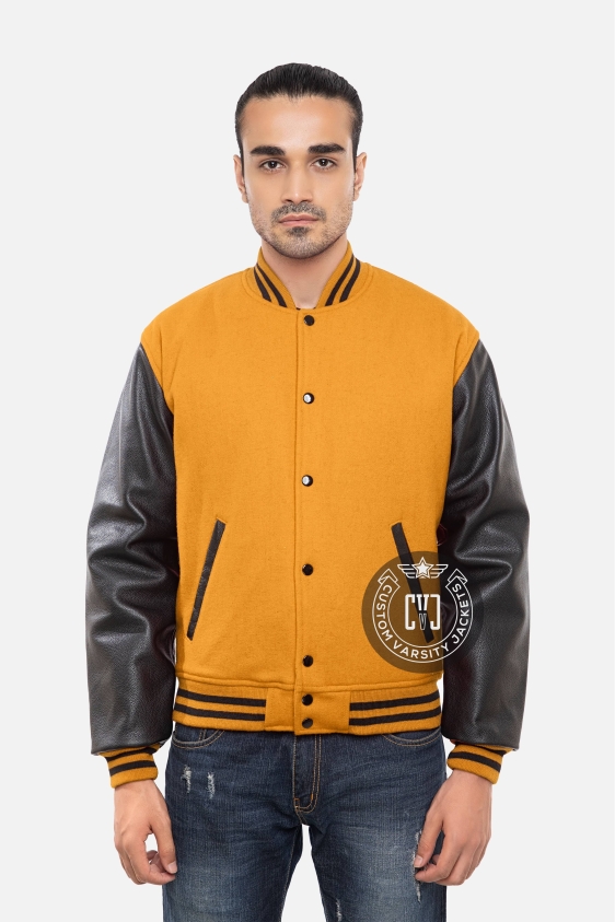 Athletic Gold Wool Body &amp; Black Leather Sleeves Letterman Jacket