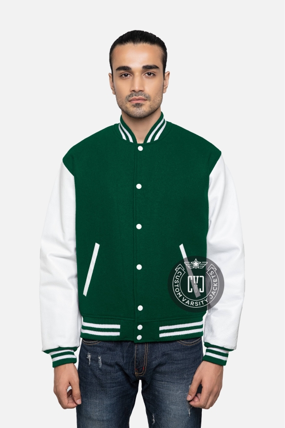 Dark Green Wool Body &amp; Bright White Leather Sleeves Letterman Jacket