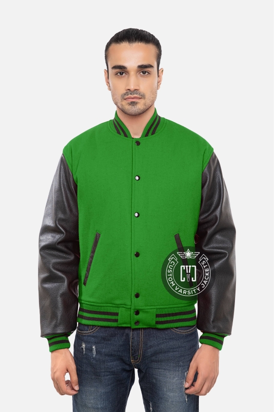 Kelly Green Wool Body &amp; Black Leather Sleeves Letterman Jacket