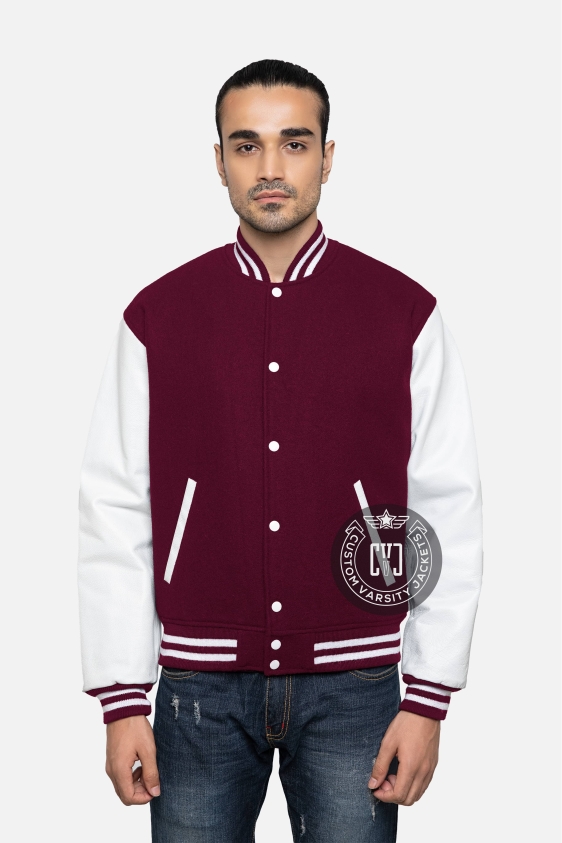 Maroon Wool Body &amp; Bright White Leather Sleeves Letterman Jacket