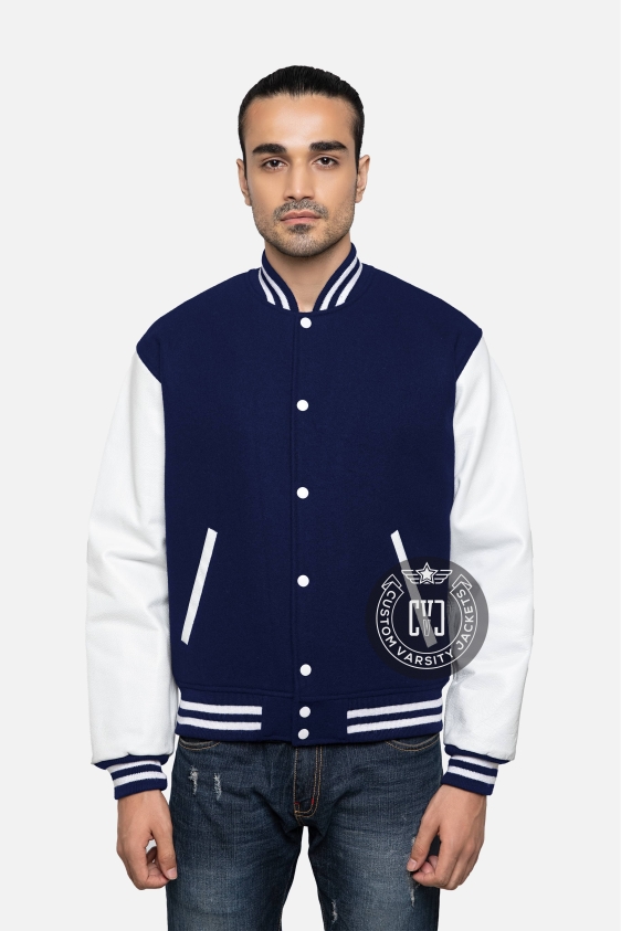 Navy Blue Wool Body &amp; Bright White Leather Sleeves Letterman Jacket