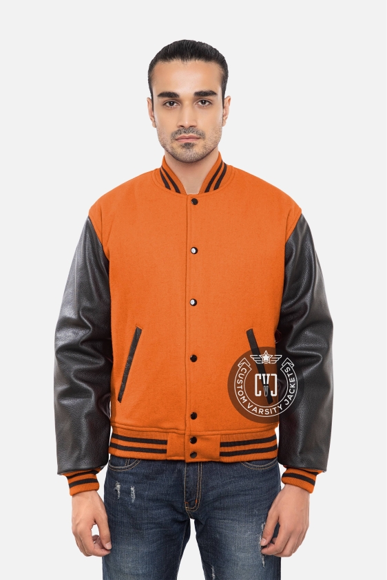 Orange Wool Body &amp; Black Leather Sleeves Letterman Jacket