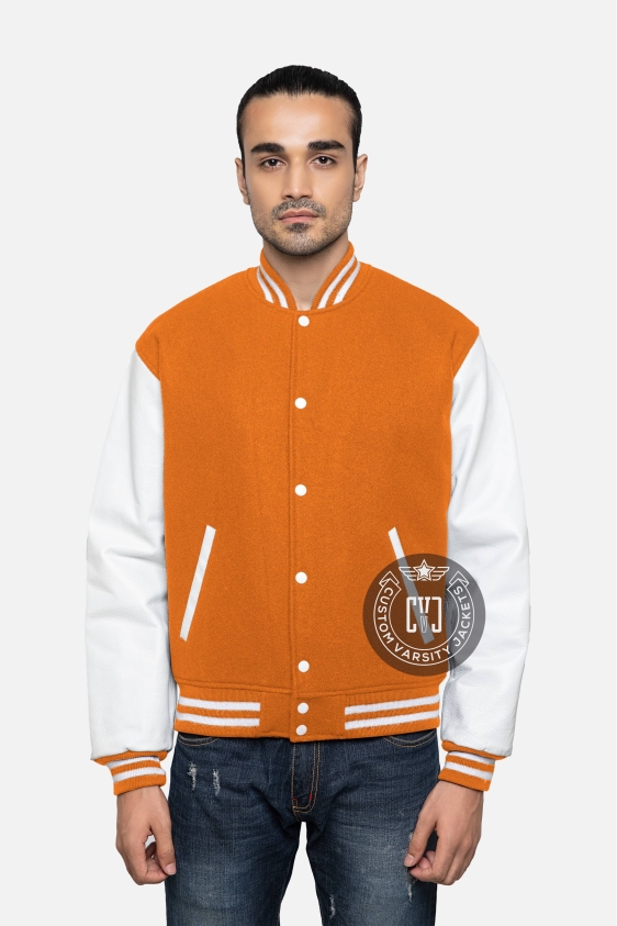 Orange Wool &amp; White Genuine Leather Varsity Letterman Jacket