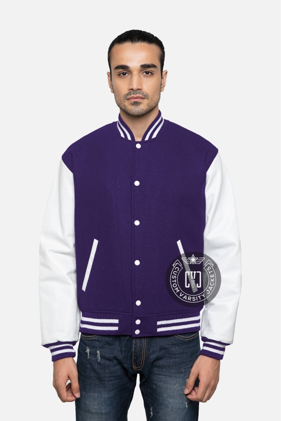 Dark Purple Wool Body &amp; Bright White Leather Sleeves Letterman Jacket
