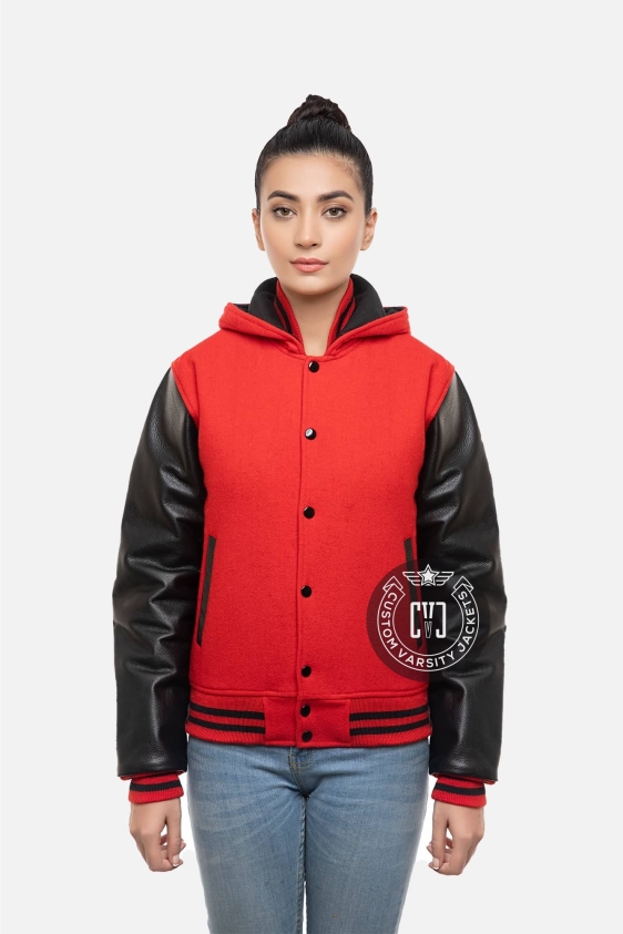 Red Body &amp; Black Sleeves Letterman Hoodie