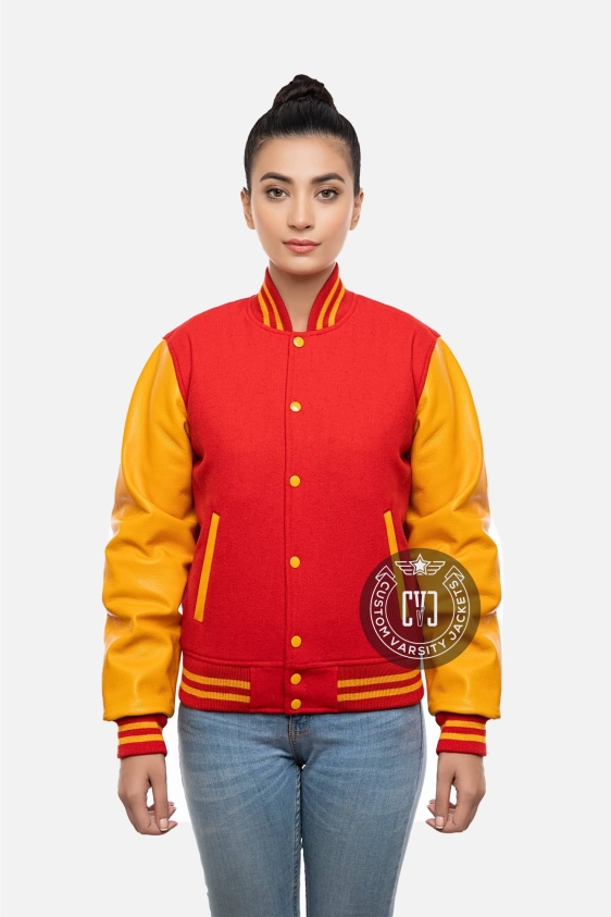 Scarlet Body &amp; Bright Gold Leather Sleeves Letterman Jacket