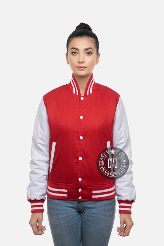 Cotton Twill Letterman Jacket in Red &amp; White