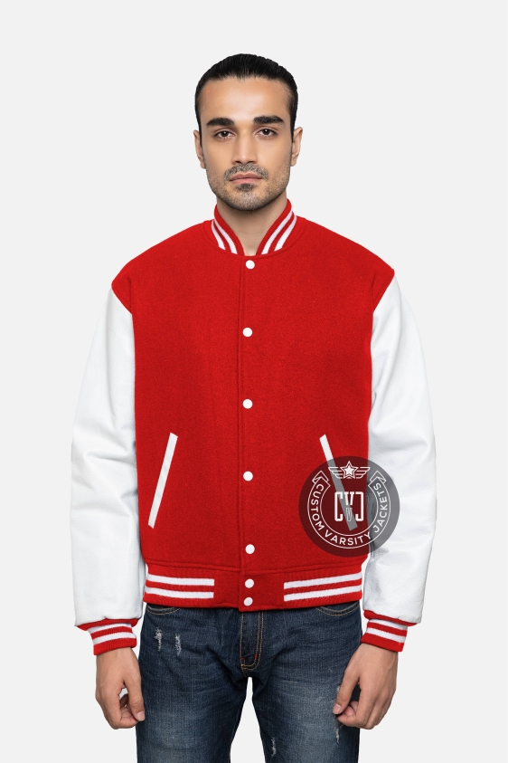Red Wool &amp; White Genuine Leather Varsity Letterman Jacket