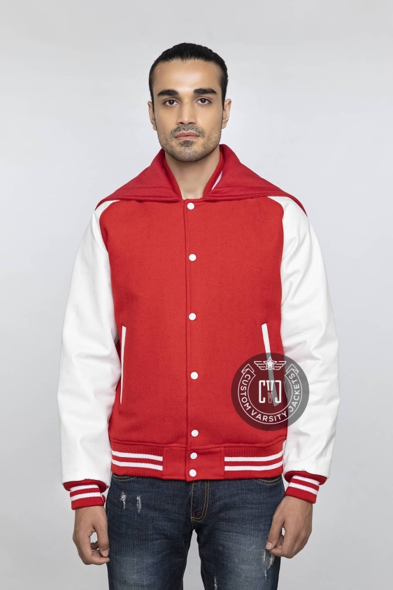 Red Wool &amp; White Vinyl Leather Sleeves Zippered Hood