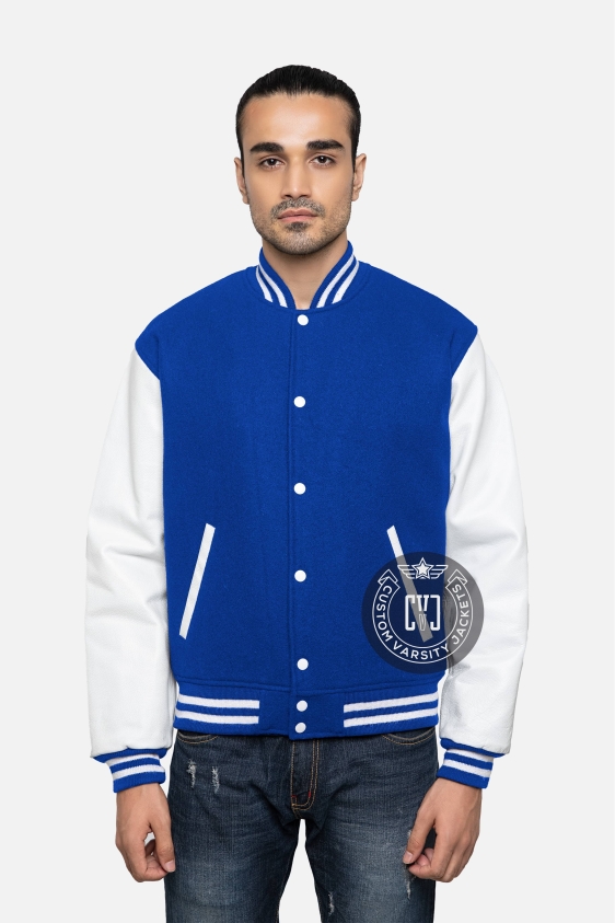 Blue Wool &amp; White Genuine Leather Varsity Letterman Jacket