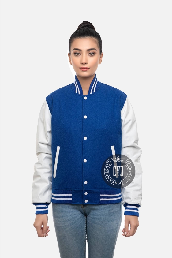 Royal Blue Wool Body &amp; White Leather Letterman Jacket