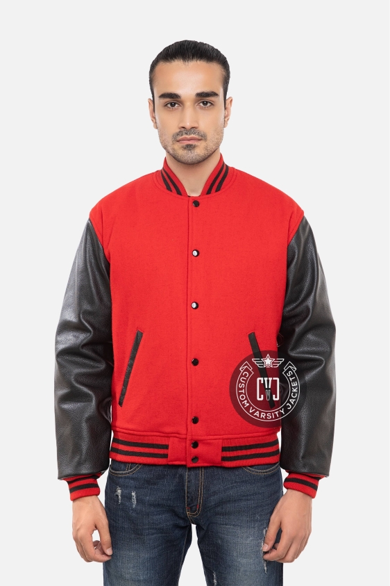 Scarlet Red Wool &amp; Black Genuine Leather Varsity Letterman Jacket