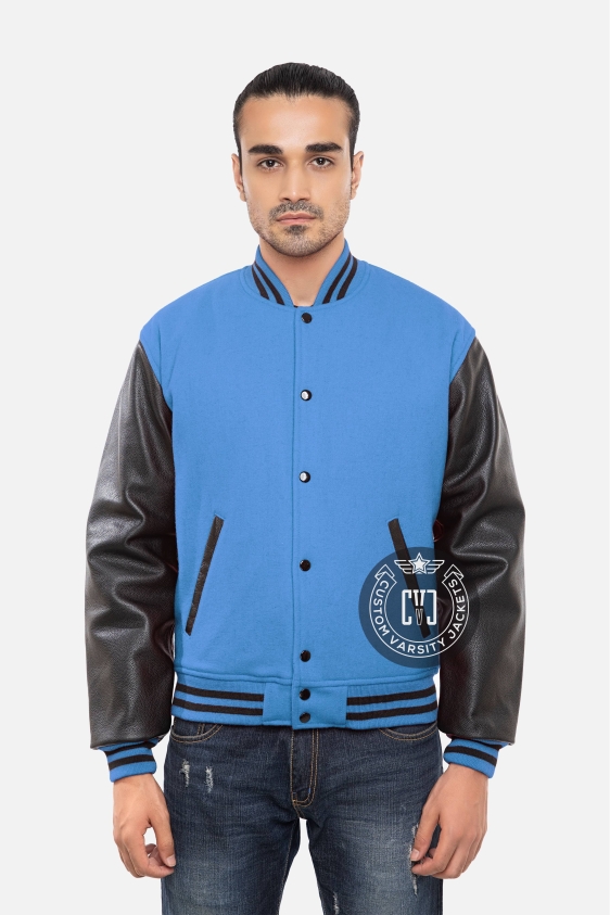Sky Blue Wool Body &amp; Black Leather Sleeves Letterman Jacket