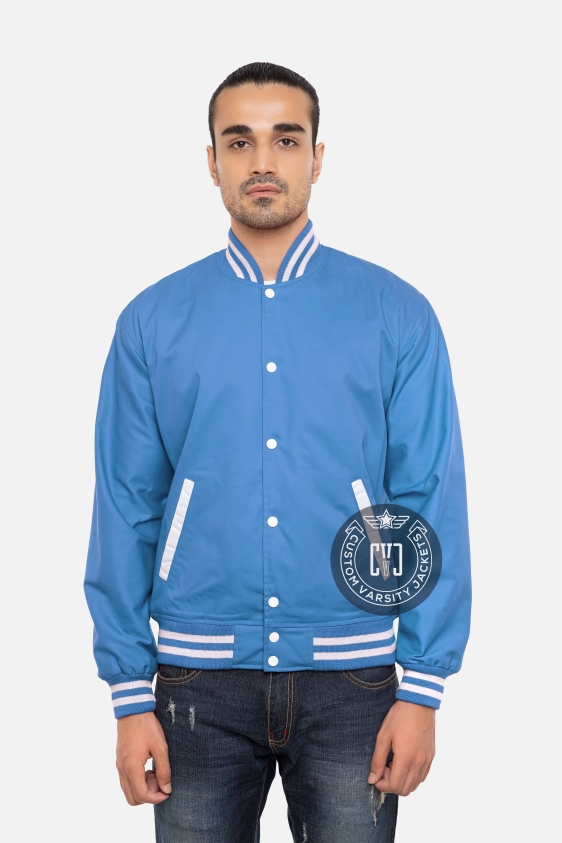 Sky Blue Cotton Letterman Jacket