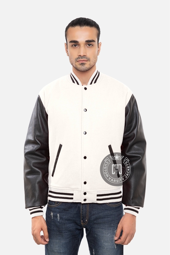 White Wool &amp; Black Genuine Leather Varsity Letterman Jacket